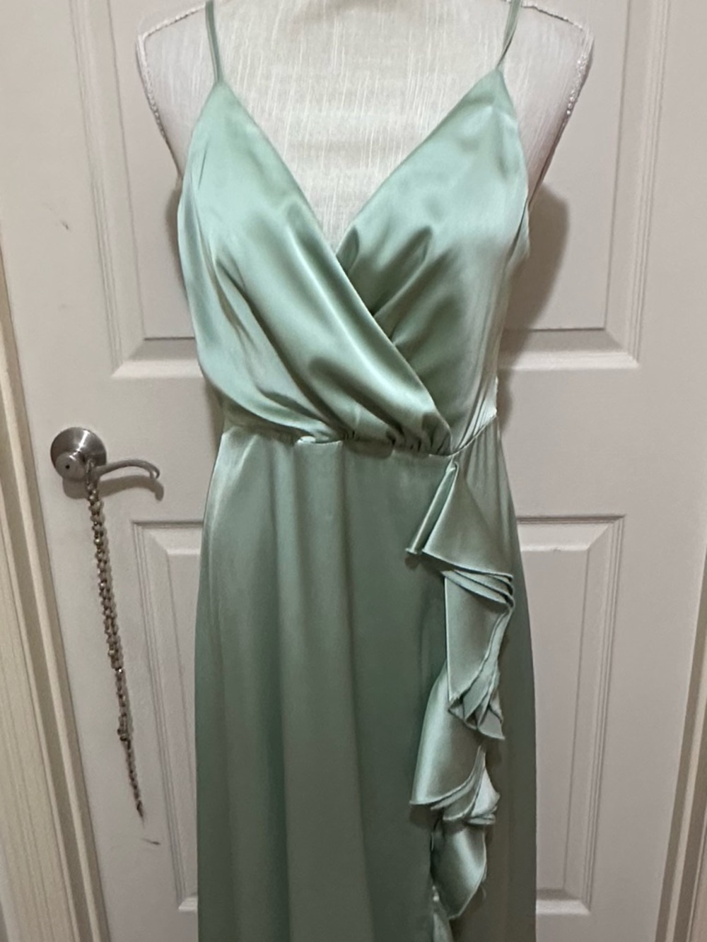 SHEIN Sage Green Satin Wrap Ruffle Spaghetti Strap Dress